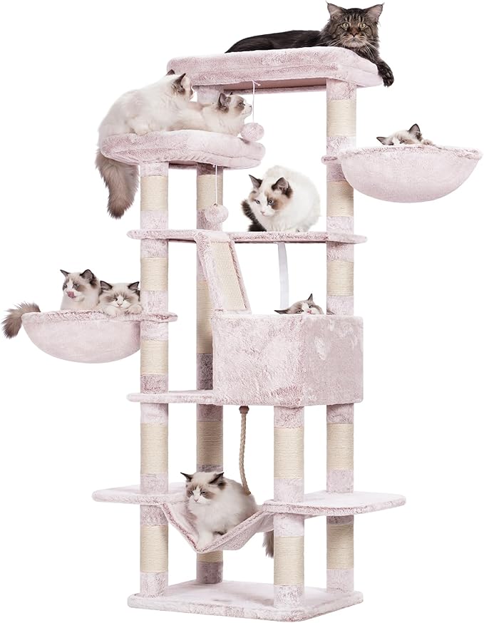 Heybly Cat Tree, 68 inch Multi-Level Cat Tower for Indoor Cats, 2 Widened Plush Perches Cat Condo with Scratching Board and Big Caves, Muchroom HCT025MU-Mewly Pet