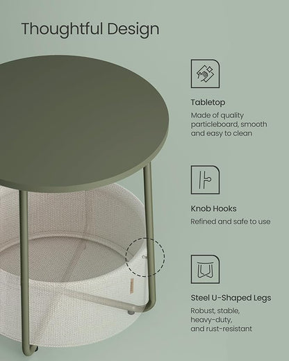 VASAGLE LILEA Collection - Small Round Side End Table, Modern Nightstand with Fabric Basket, Forest Green and Cream White ULET223C80