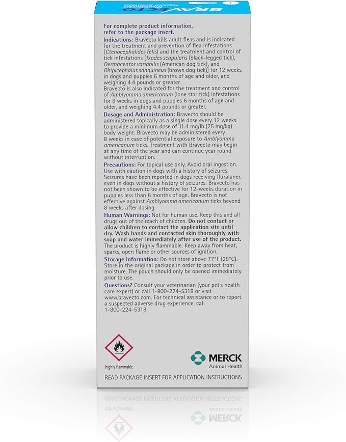 BRAVECTO Topical Solution for Dogs, Flea & Tick, 12 Week Supply, >44-88 lbs., Blue Box-Mewly Pet