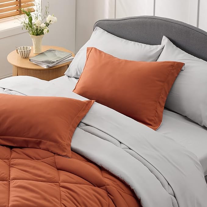 Bedsure Twin XL Comforter Set - 5 Pieces Reversible Burnt Orange Bedding, Twin XL Size Bed Set for All Seasons, Bed in a Bag with Down Alternative Comforter, Sheets, Pillowcase & Sham
