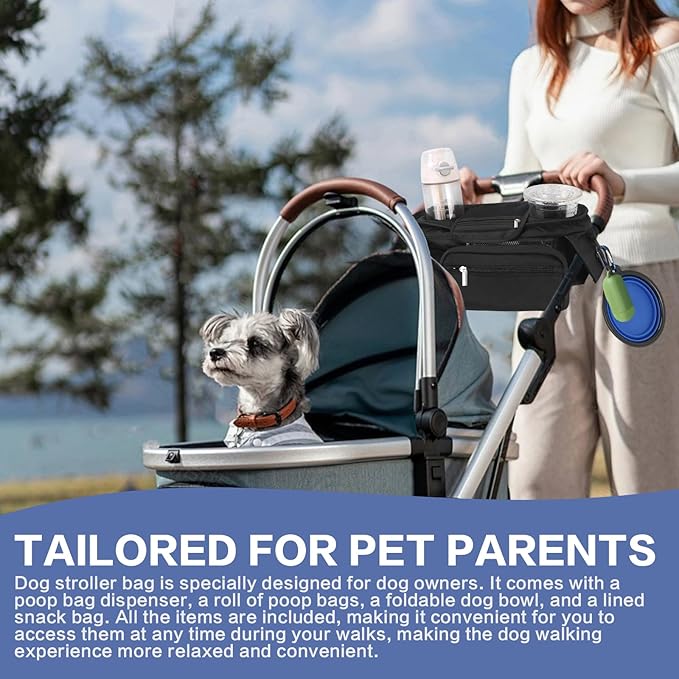 Dog Stroller Bag with Shoulder Strap, Universal Dog Stroller Caddy Organizer with Poop Bag Dispenser, Water Bowl, Insulated Cup Holders and Treat Pocket-Mewly Pet