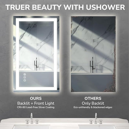 USHOWER LED Bathroom Mirror 72x36 Inch Tempered Glass - Frameless LED Backlit Lighted Mirror for Bathroom Vanity with Anti-Fog, 3 Colors Dimmable, Memory Function, Wall-Mounted