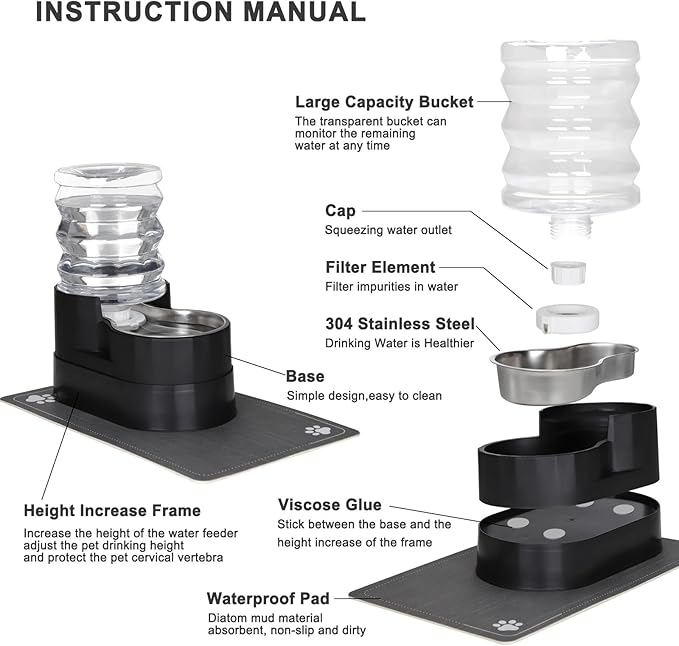 RIZZARI Automatic Cat Water Dispenser: Black 5L Elevated Feeder - Stainless Steel Gravity Bowl - Leakproof Base for Indoor Pets-Mewly Pet