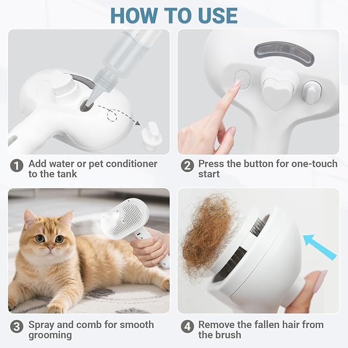 Pet Steam Brush for Dogs & Cats with Pet Conditioner, 4 in 1 Spray Hair Removal Comb for Shedding & Grooming, Self Cleaning Water Brush for Long & Short Haired Pets-Mewly Pet