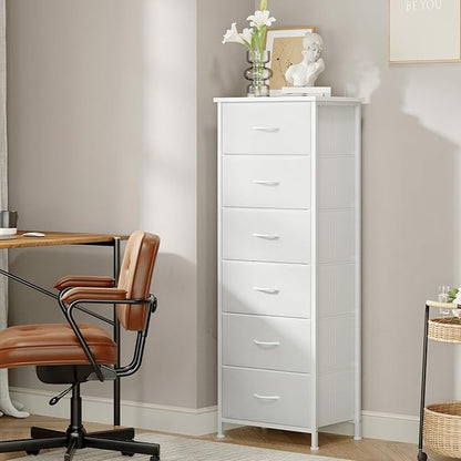 Somdot Tall Dresser for Bedroom with 6 Drawers, Storage Organizer Chest of Drawers with Removable Fabric Bins for Closet Bedside Living Room Laundry Entryway Hallway, White Leather