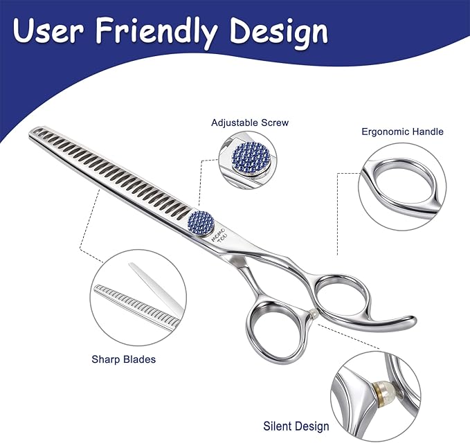 7'' Dog Grooming Scissors CNC 440C Blades Sharp and Durable Polished Chunker Dog Shears with Blue Diamond Adustable Screws Easy to Use for Groomer and Home User-Mewly Pet