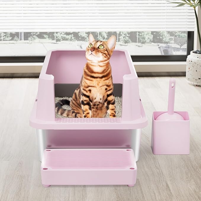 RIZZARI Stainless Steel Cat Litter Box, Semi-Closed Litter Box with High Edges, Large Odorless Litter Pan with for Small to Large Cats (Pink, 1 Pack)-Mewly Pet
