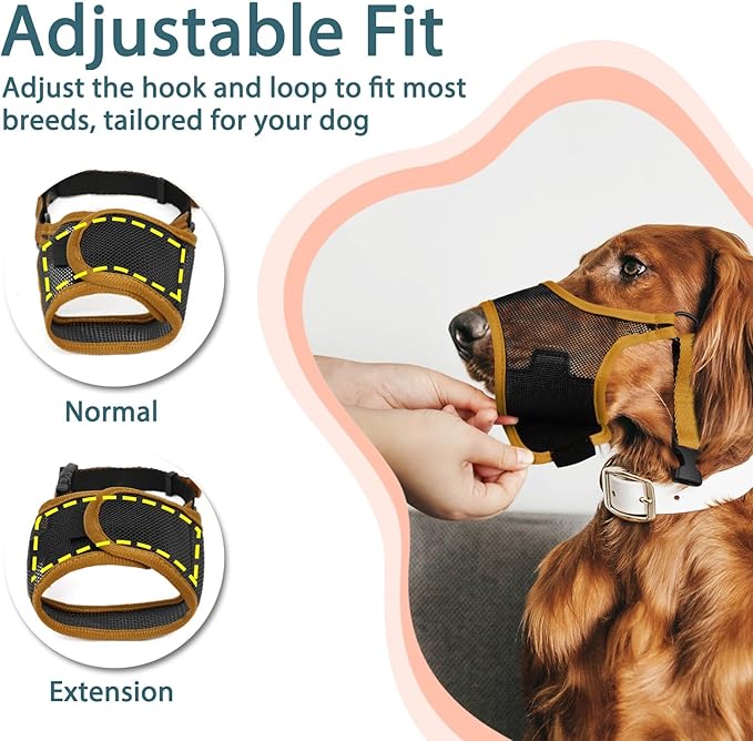 LUCKYPAW Dog Muzzle, Mesh Muzzle for Large Medium Small Dogs, Soft Mouth Guard for Biting Chewing, Breathable Mouth Guard with Adjustable Strap for Training(Brown, XL(Snout:11"-12.25"))-Mewly Pet