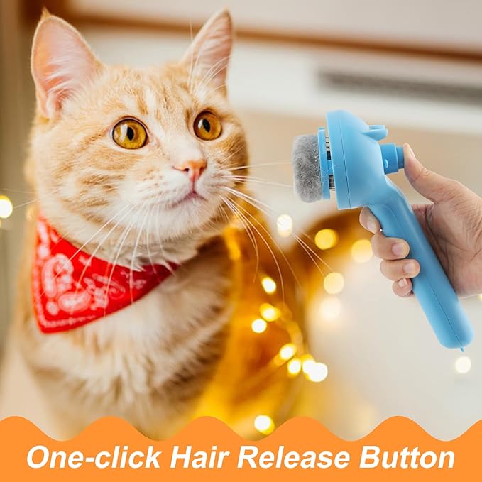 Cat Steam Brush for Shedding, 4 in 1 Steamy Cat Brush with Release Button, Self Cleaning Metal Pet Misting Hair Comb with Handle for Grooming Kitten Dog(Blue)-Mewly Pet