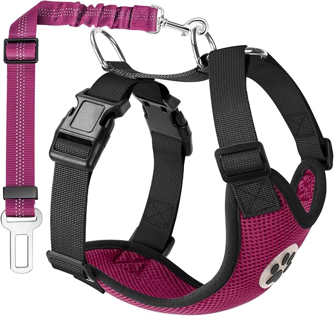 Lukovee Dog Seat Belt for Car, Adjustable Dog Car Harness for Large Medium Small Dogs, Soft Padded & Breathable Mesh Dog Seatbelt with Car Vehicle Connector Strap (Rose Red,Large)-Mewly Pet