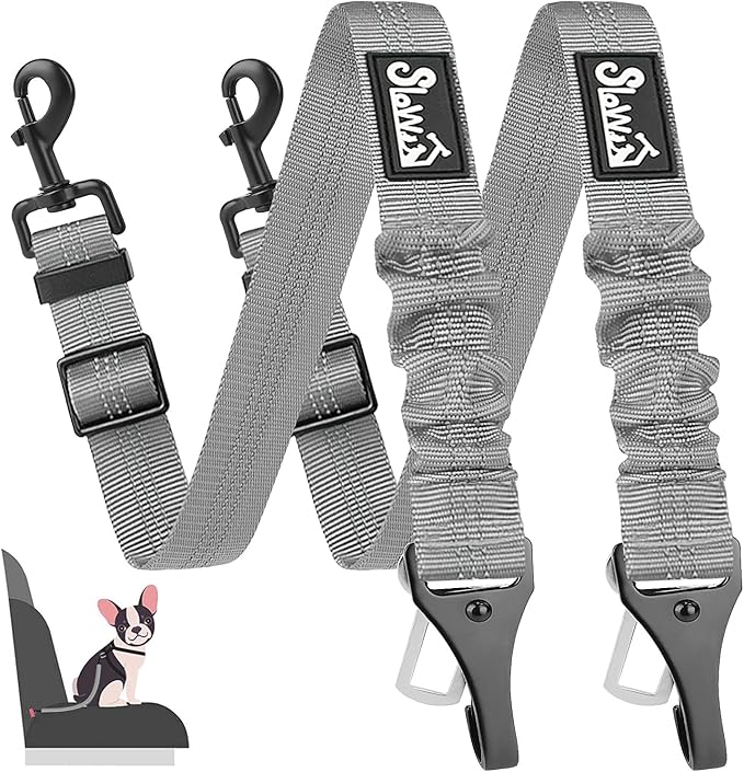 SlowTon 2 Pack Dog Seat Belt, 2 in 1 Attachment, Hook Latch Bar or Seatbelt Buckle with Elastic Nylon Bungee Buffer Adjustable Reflective Nylon Safety Belt Tether Connect to Dog Harness (2pack-GY)-Mewly Pet