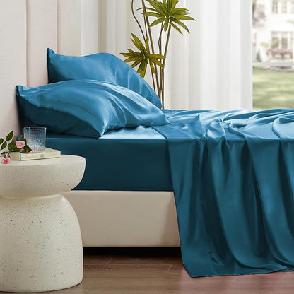 Love's cabin Twin Satin Sheets Sets - 3 Piece Teal Silky Bed Sheets with Deep Pockets, Luxury Silk Feel Satin Twin Size Sheet Set Bedding Set (1 Flat Sheet,1 Fitted Sheet,1 Pillow case)
