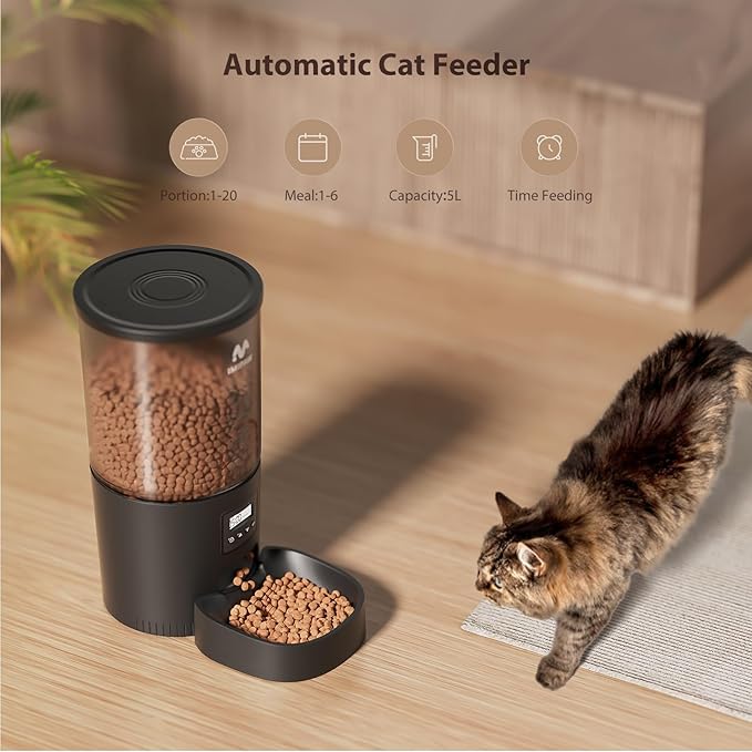 Automatic Cat Feeders, 5L Large Capacity, Timed Feeding Dry Food, Dual Power Design, Programmable Portion Size, 1-6 Meals Per Day, with Desiccant, Suitable for Small Pets Food Dispenser, Black-Mewly Pet