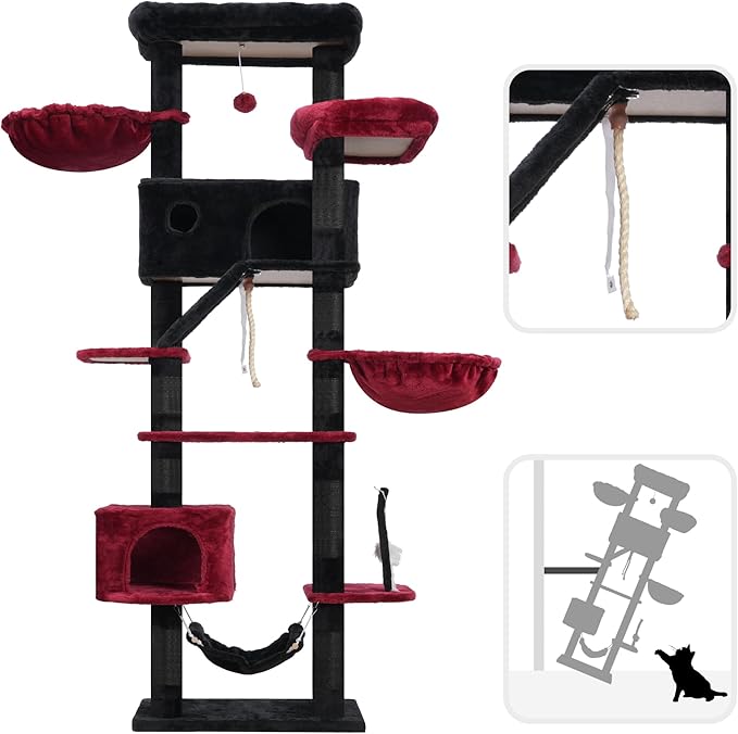 Gothic Cat Tree for Large Cats, 78.7"(200cm) Tall Cat Tower for Indoor Cats Multiple Cats with Large Top Perch, Cat Condo, Cat Hammcok, Cat Scratching Post, Black and Red GCT031BR-Mewly Pet