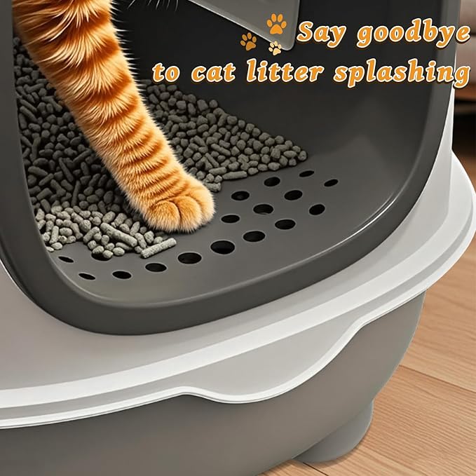 Large Cat Litter Box with Cat Litter Scoop, Foldable Litter Box with Lid, Front Entry and Exit Leak-Proof Litter Cat Box, Odor Control, Easy to Clean (Grey)-Mewly Pet