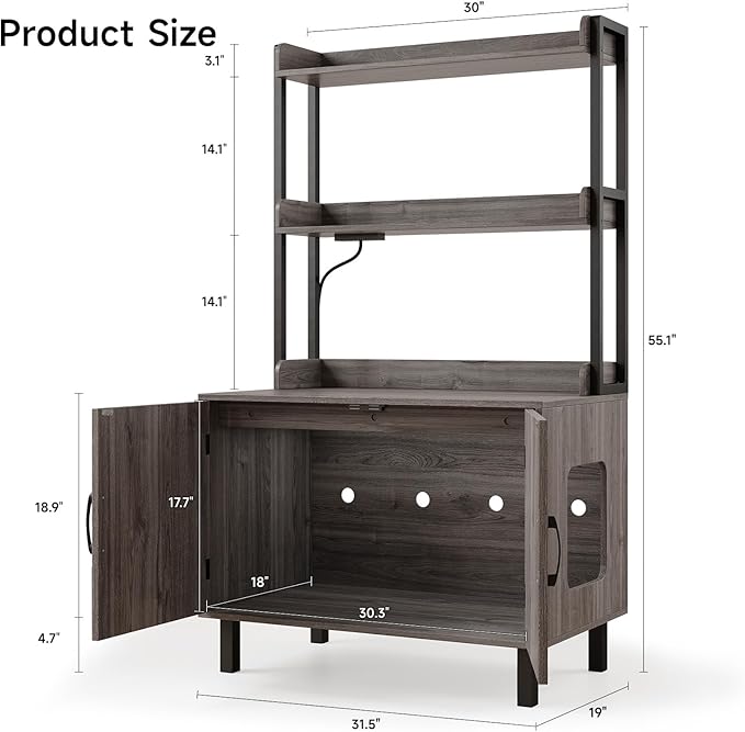 55 Inches Cat Litter Box Enclosure, Hidden Litter Box Furniture with 2 Storage Shelves and Charging Sockets, Wooden Cat House, Large Indoor Cabinet for Living Room & Entryway, Grey-Mewly Pet