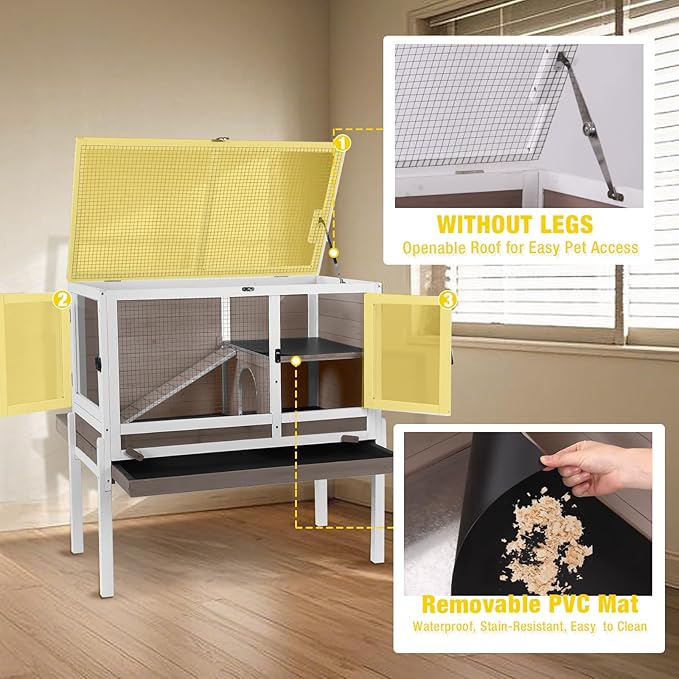 Aivituvin 2-Story Rabbit Hutch with Anti-Chew Ramp & Zinc Sheet - 36.6" Indoor Guinea Pig Cage, Wooden Stand, Pull-Out Tray & Leakproof Floor (Brown)-Mewly Pet