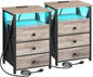 AMHANCIBLE Night Stand Set 2, LED Nightstand with Charging Station, End Side Tables with USB Port & Outlet, Bedside Table with 3 Fabric Drawers for Bedroom Living Room, Greige, HET053LGY