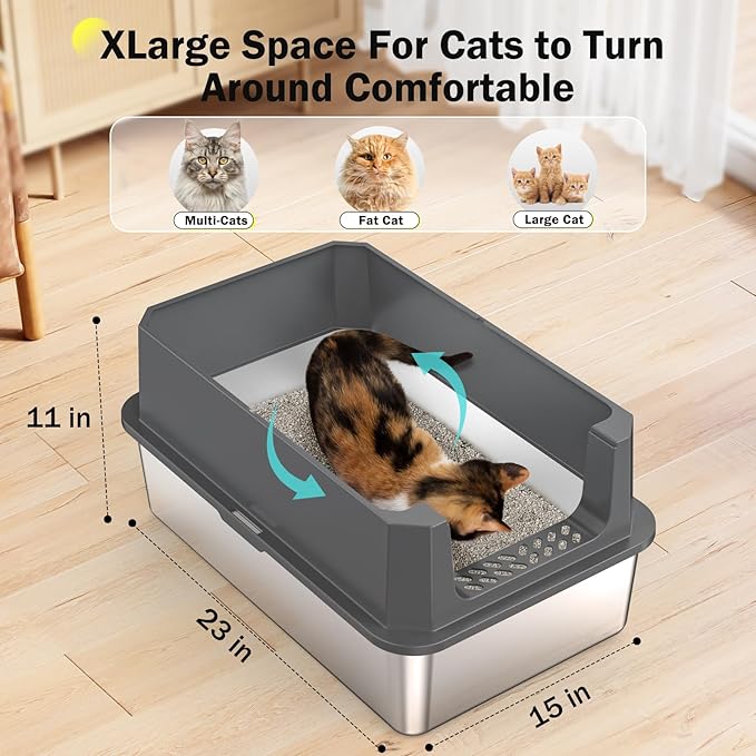 Stainless Steel Litter Box, Extra Large Litter Boxes for Big Cats, XLarge Metal Cat Litter Box with Lid, Anti-Urine Leakage XL Box with High Sides, Easy Clean, Non-Sticky, Scoop Included-Mewly Pet