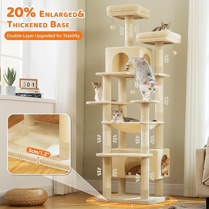 PAWZ Road Heavy Duty Cat Tree for Large Cats, 81 Inches Tall Cat Tower with 2 Perches, 2 Condos and Spacious Hammock, XL Extra Large Condo with 7 Scratching Posts for 20lb+ Adult Cats,Beige-Mewly Pet