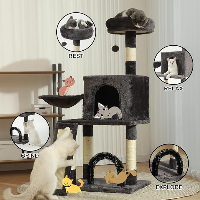 HOOPET 44IN Cat Tree for Indoor Cats - Multi-Level Cat Tower with Hammock, Condo, Scratching Posts, Self-Grooming Brush & Play Ball - Space-Saving Cat Furniture for Small Apartments-Mewly Pet