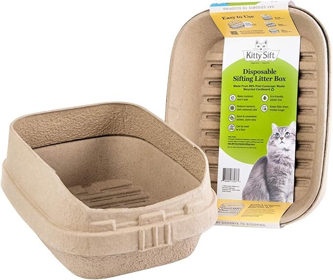 Kitty Sift (Set of 1 Litter Box, 3 Sifting Liners, & 1 Shield) Sustainable, Clean, Sifting, Disposable Cat Litter Box with Shield - Large, 5-Set Kit-Mewly Pet