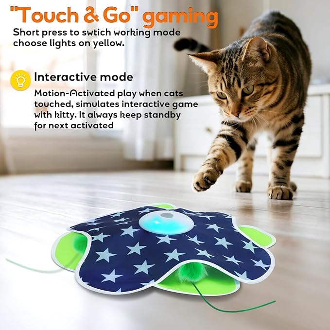 Interactive Cat Toys Auto Moving Feather Concealed in Mat,Motion Activated Cat Toys with Mouse Squeaky, Cat Exercise Toys for Bored Cats-Mewly Pet