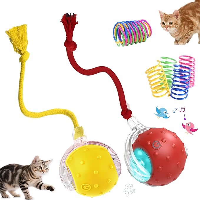2-Pack Interactive Cat Toys Ball - 2025 New Gen with 360° Auto-Rotation Smart Obstacle Avoidance,Includes 8 Cat Spiral Spring,Ideal Kitten Toys for Bored Indoor Cats(Red＆Yellow, Cat Toy Ball)-Mewly Pet