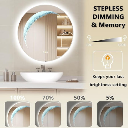 28'' Round Bathroom Mirror with Light, Frameless Circle Mirror with Backlit & Half Moonlight, Anti-Fog, Tempered Glass, Dimming LED Vanity Mirrors for Oversink, Bedroom, Wall Decor, Entryway