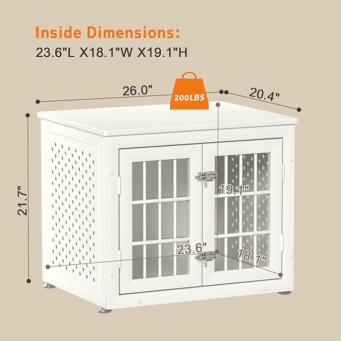 26" Heavy Duty Dog Crate Furniture for Small Dogs, Metal Kennel for High Anxiety Dogs, Chew Proof Pet Cage Indoor, Decorative Kennel End Table, White-Mewly Pet