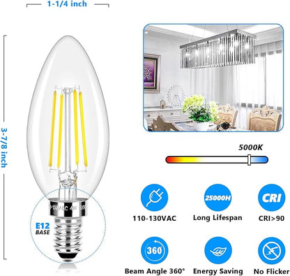 LED Candle Bulbs 40W Equivalent, E12 Candelabra Light Bulbs 4W 470Lm Clear Edison LED Bulb, Daylight White 5000K B11 Classic Bright Filament Bulbs, Dimmable Decorative Bulb for Lamps, Pack of 10