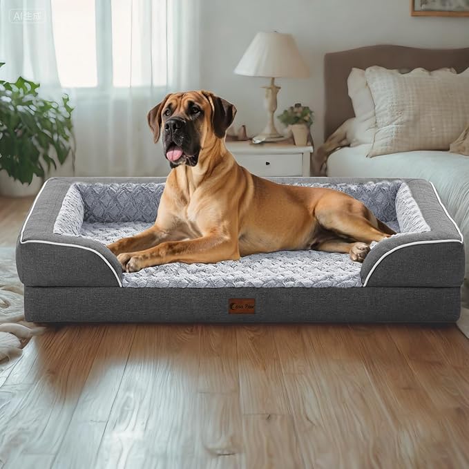 Orthopedic Dog Beds Waterproof, Memory Foam Large Sized Dogs Beds with Sides, Non-Slip Bottom and Egg-Crate Foam Big Dog Beds with Removable Washable Cover(Large,Dark Grey)-Mewly Pet