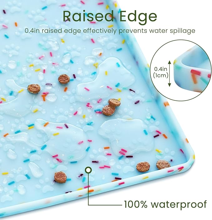 Ptlom Dog Food Mat Anti-Slip Dog Bowl Mats for Food and Water, Waterproof Pet Placemat Prevents Messy Spill to Floor, Silicone Puppy Feeding Tray for Small, Medium and Large Dogs Cats, Blue-Mewly Pet