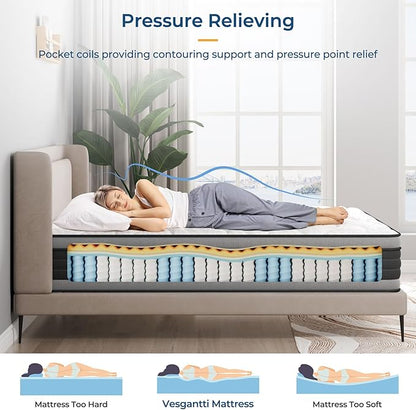 Vesgantti King Mattress, 10 Inch Hybrid King Size Mattress with Memory Foam and Individually Pocket Spring, Pressure Relief and Supportive, Medium Firm Feel, Mattress in a Box