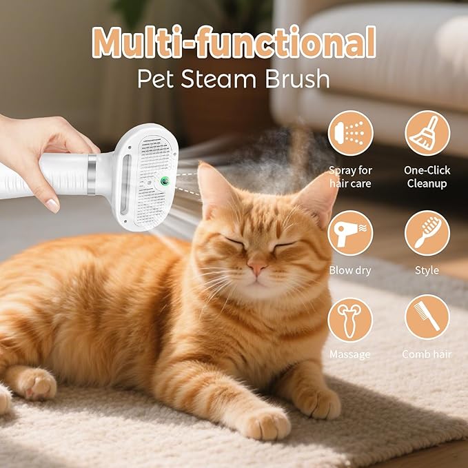 Cat Steam Brush with 600W High-Power Pet Dryer, Pet Spray Hair Removal Comb, 5 in 1 Cat & Dog Brush for Shedding, Includes Shampoo(Wired)-Mewly Pet