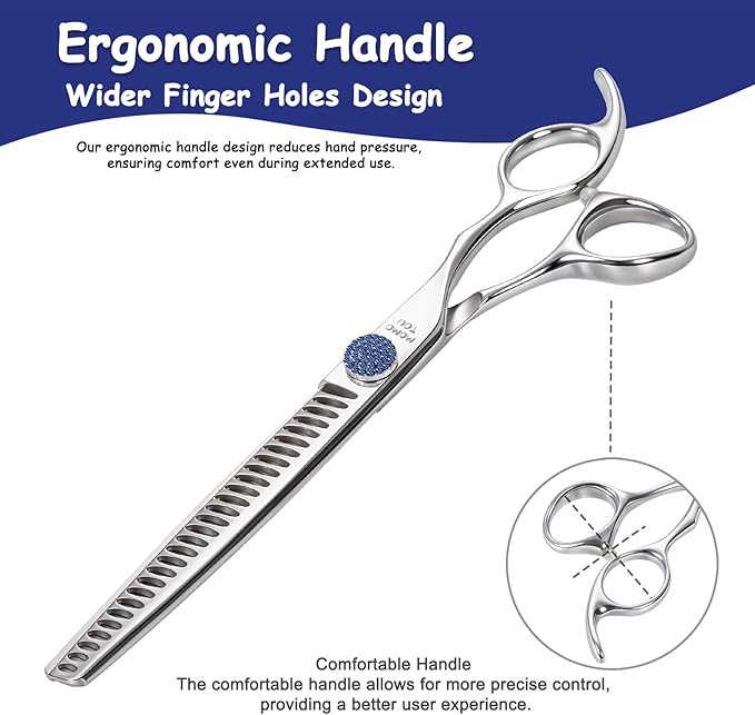 7'' Dog Grooming Scissors CNC 440C Blades Sharp and Durable Polished Chunker Dog Shears with Blue Diamond Adustable Screws Easy to Use for Groomer and Home User-Mewly Pet
