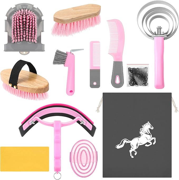 Abbylike 12 Pieces Horse Grooming Kit Racing Festival Tack Room Supplies Horse Brush Sets Equine Care Cleaning Kit Shedding Grooming Massaging Tools(Pink and Grey)-Mewly Pet