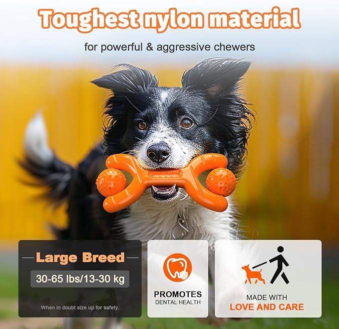 Indestructible Dog Toys for Aggressive Chewers - Heavy Duty Chew Proof Durable Toy for Large Breed Dogs, Interactive Tough Nylon Bone for Boredom Relief & Mental Stimulation,Orange-Mewly Pet