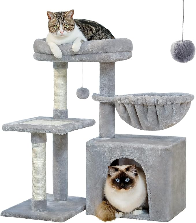 PEQULTI Small Cat Tree, [28.5''] Cat Tower for Indoor Cats, 2 Styles Activity Tree with Cat Scratching Posts, Big Hammock and Removable Top Perch Grey-Mewly Pet