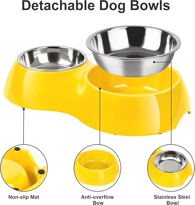 Elevated Dog Bowls Set - Non-Slip Raised Pet Feeder with Medium (2 Cups) & Large (4 Cups) Stainless Steel Bowls - Includes Durable Resin Stand for Puppies, Adult Dogs & Cats - Yellow-Mewly Pet