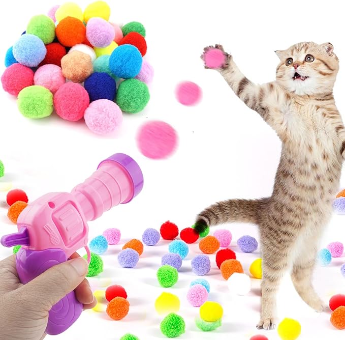 31Pcs Cat Ball Toy Launcher, 30Pcs Plush Fuzzy Balls, Cat Fetch Toy Gun Shooter for Indoor Kittens-Mewly Pet