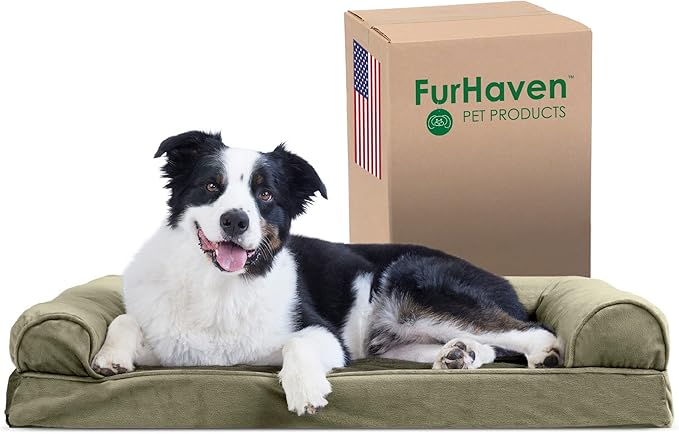 Furhaven Cooling Gel Dog Bed for Large/Medium Dogs w/ Removable Bolsters & Washable Cover, For Dogs Up to 55 lbs - Faux Fur & Velvet Sofa - Dark Sage, Large-Mewly Pet
