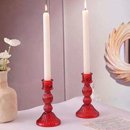 DARJEN 2 Pcs Red Taper Candle Holder - Vertical Stripe Glass Candle Holders for Taper and Votive Candles, Candlestick Holders for Various Activities, Home and Festival Decoration