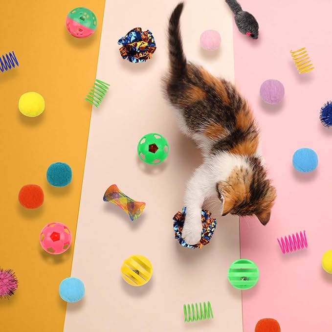 Kitten Toys, 60PCS Cat Balls Springs Toy Set, Cat Mouse Toy, Kitten Sparkle Crinkle Balls Furry Soft Pom Pom-Mewly Pet