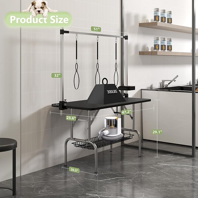VFK 47'' Large Dog Grooming Table Stainless Steel Foldable Grooming Table for Dogs at Home Adjustable Height Arms Pet Station with Nooses, Mesh Tray, Tool Organizer-Mewly Pet