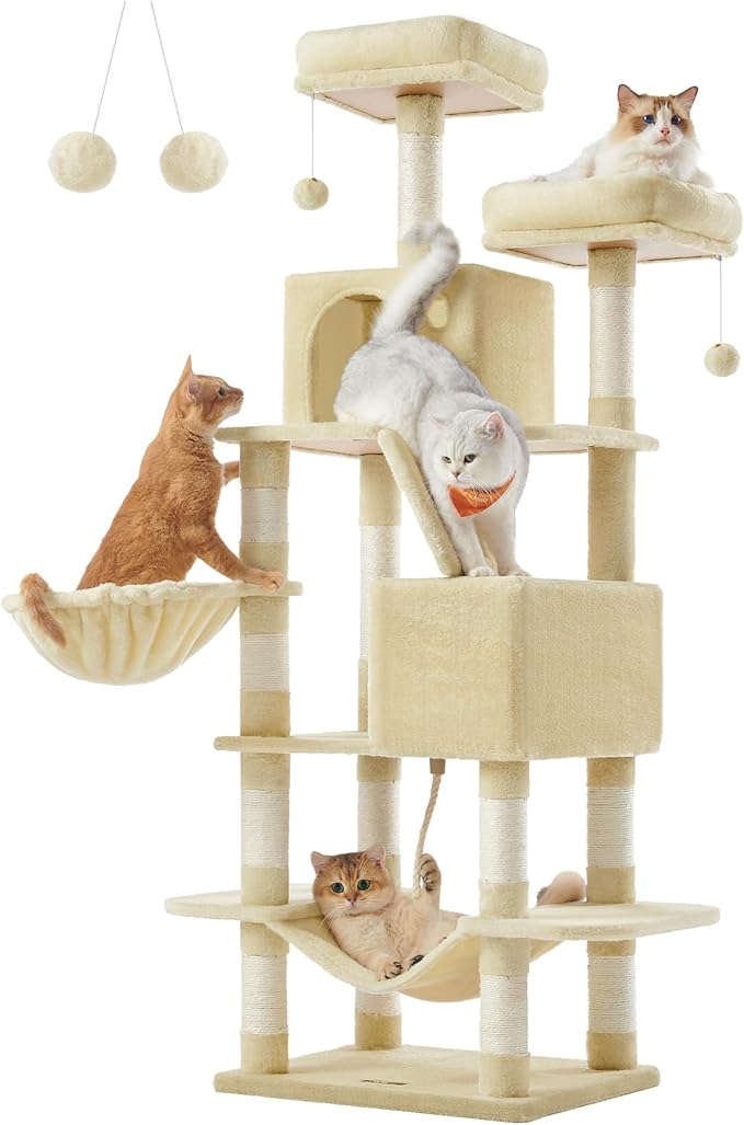 Feandrea Cat Tree, 66.1-Inch Large Cat Tower with 13 Scratching Posts, 2 Perches, 2 Caves, Basket, Hammock, Pompoms, Multi-Level Plush Cat Condo for Indoor Cats, Beige UPCT165M01-Mewly Pet