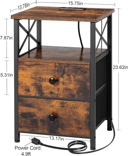 AMHANCIBLE End Table Living Room with Charging Station, Side Table with Fabric Drawer, Small Side Table with USB Ports and Outlets for Small Spaces Rustic Brown and Black HET05XBR1