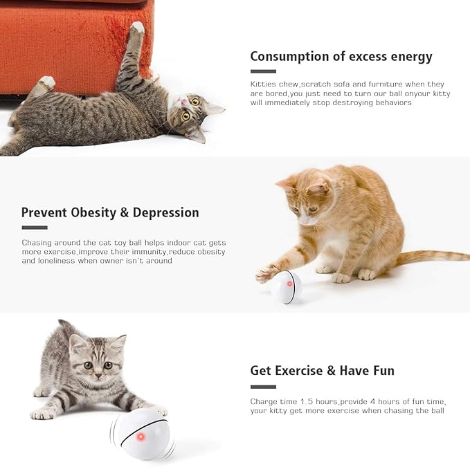 WWVVPET Interactive Cat Toys Ball with LED Light, 360 Degree Self Auto Rotating Smart Ball, USB Rechargeable Spinning Cat Ball Toy,Stimulate Hunting Instinct Kitten Funny Chaser Roller Pet Toy-Mewly Pet