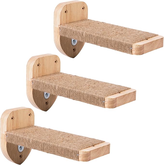 3pcs Cat Wall Steps, Climbing Mounted Furniture, Shelves With Hemp Rope Covered, Solid Wood Ladder for Playing and Climbing (Large-Wood)-Mewly Pet