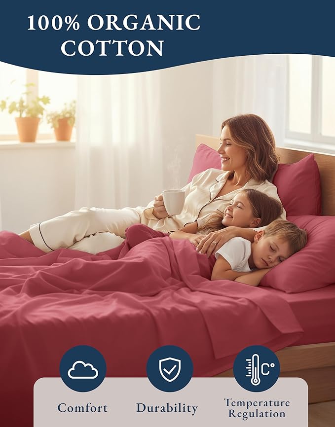 LANE LINEN 100% Organic Cotton Bedsheets King Size Bed, Soft & Comfy Luxury Hotel Style Percale Cooling Sheets King Size, Oeko Tex Certified Sustainably Produced Cotton Sheets- Mineral Red